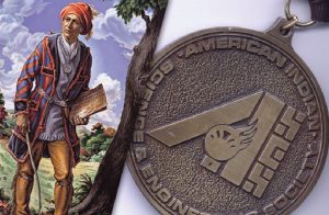 Painting of a Sequoya a figure in a blue overcoat holding a book and a writing stick. Alongside is a medal.