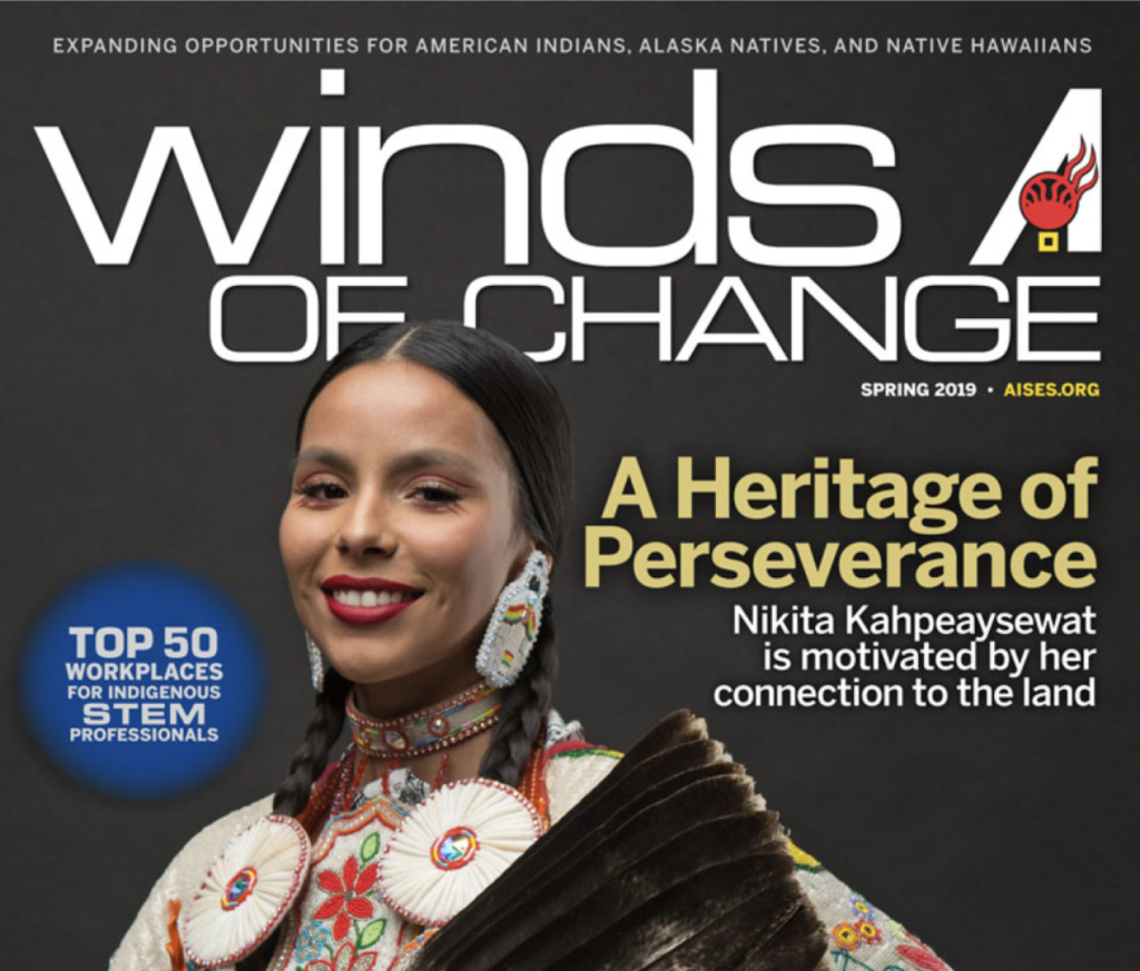 Winds of Change Magazine cover featuring a Native woman and headline reading "A Heritage of Perseverance"